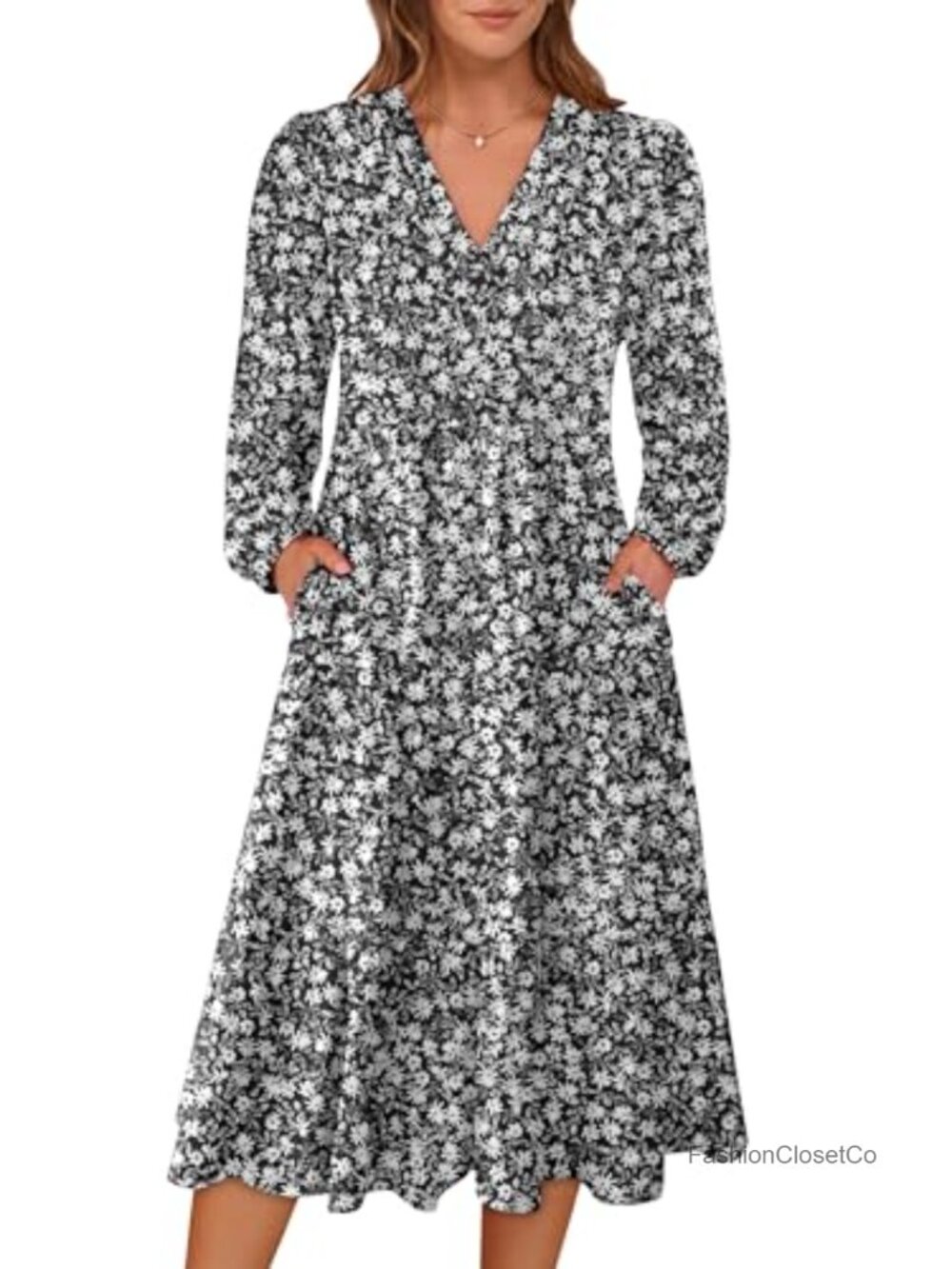 Womens Boho Floral Tiered Midi Dress Long Sleeve V-Neck A-Line